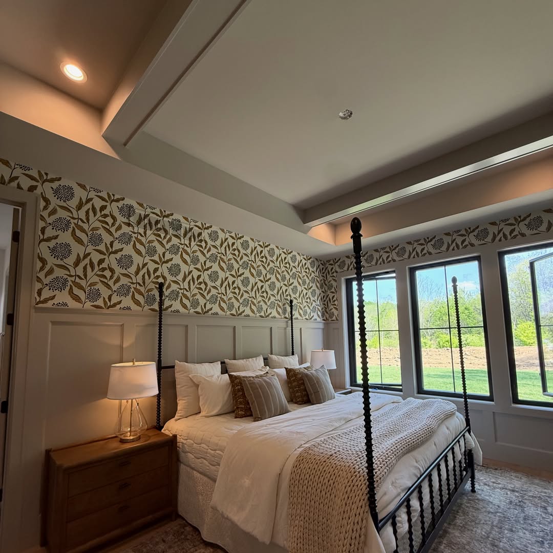 Board and batten can give a Carmel suite a custom look with coved inset molding, top rail detail, ceiling beams, trim carpentry, wallpaper balance, and professional painting.