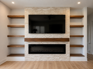 Custom Indiana electric fireplace wall with floor-to-ceiling Turkish marble ledger stone and a recessed Touchstone fire box