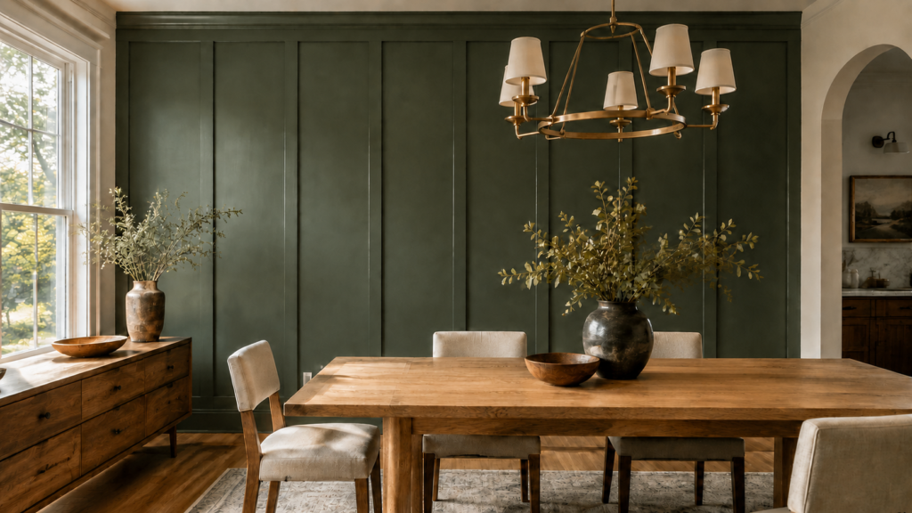 Full-height board and batten accent wall painted deep green in a dining room with a wood table and brass chandelier