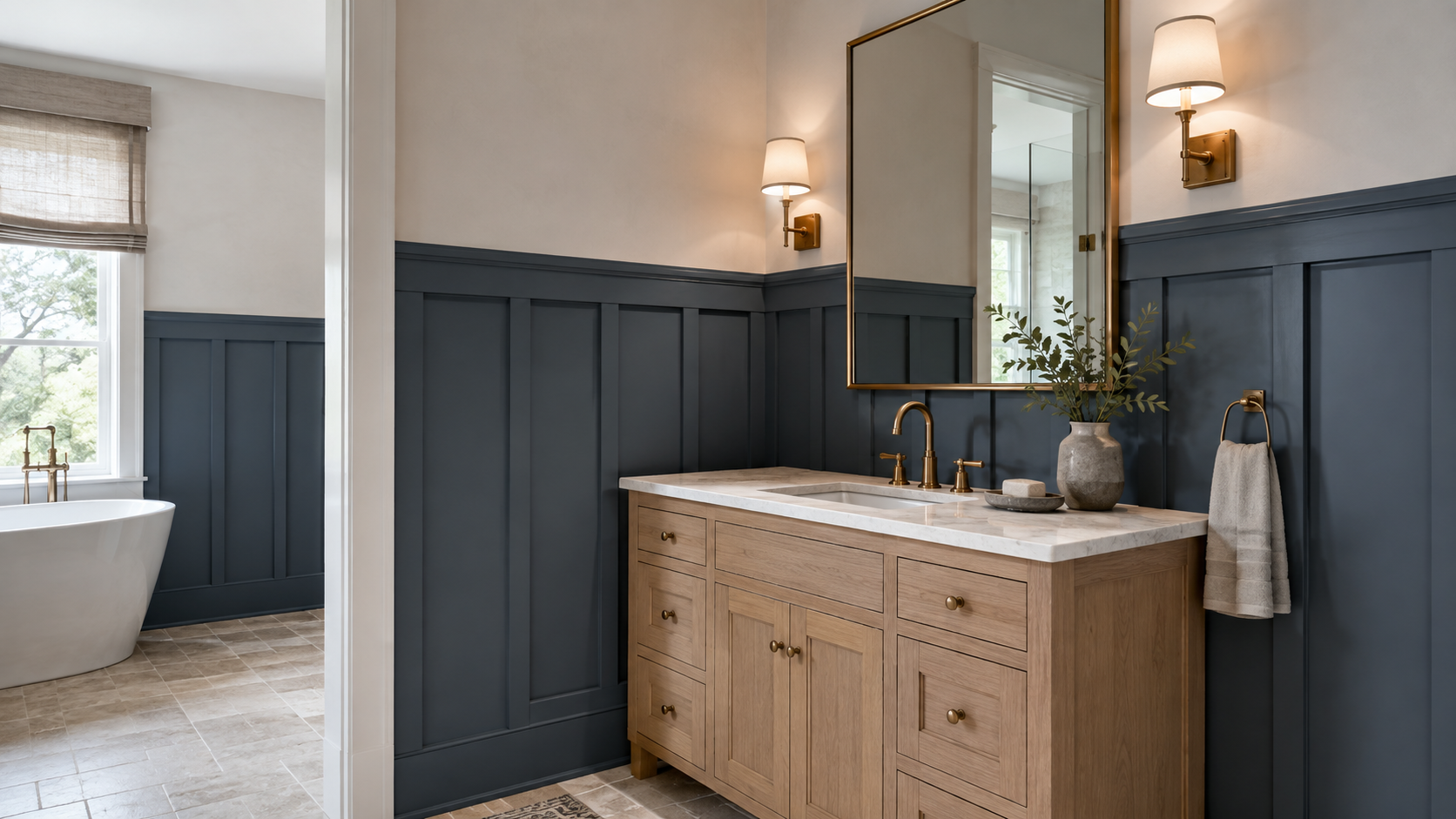 Slate blue board and batten wainscoting in a bathroom with a white oak vanity and brass fixtures