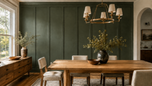 Full-height board and batten accent wall painted deep green in a dining room with a wood table and brass chandelier