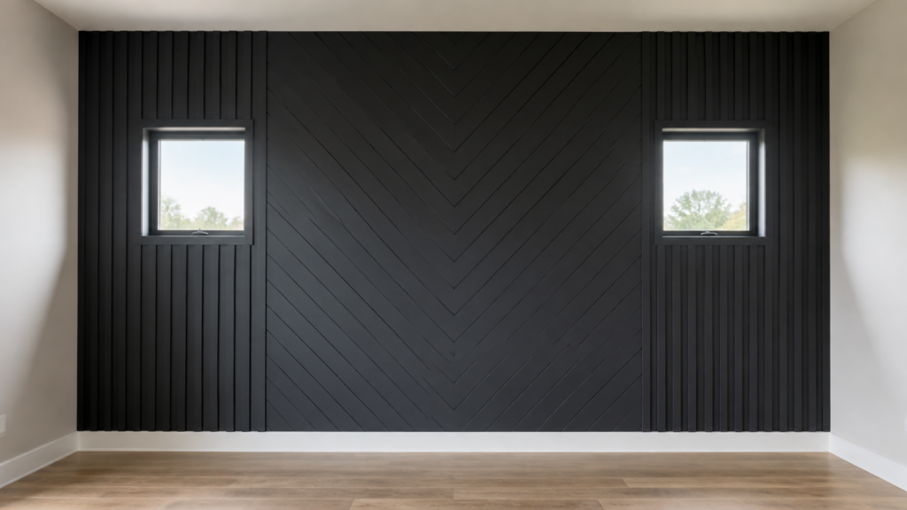 Matte black chevron shiplap accent wall with vertical slat panels and two square windows by Radford Woodworks