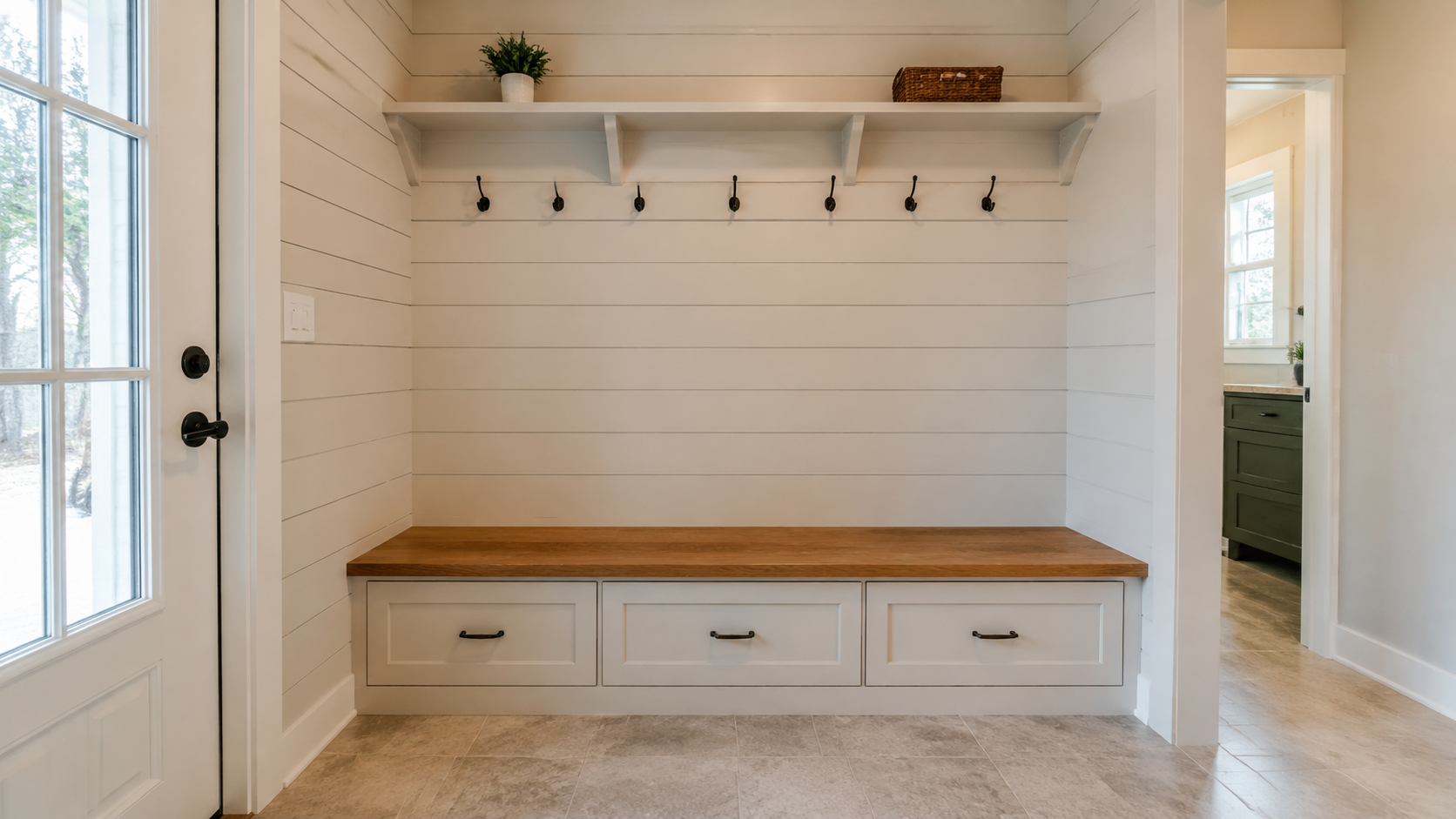 White shiplap walls in a mudroom with a built-in bench, solid oak seat, storage drawers, and a row of coat hooks