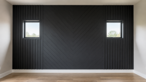 Matte black chevron shiplap accent wall with vertical slat panels and two square windows by Radford Woodworks