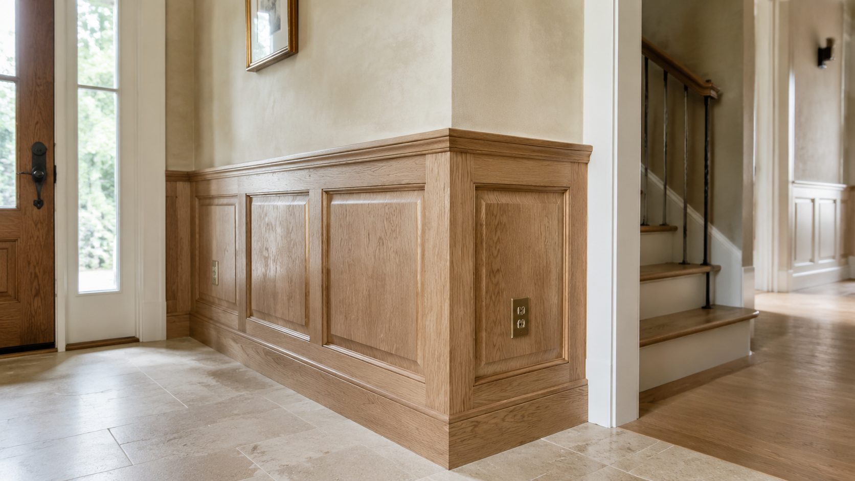 Custom oak raised panel wainscoting in a central Indiana entryway with staircase