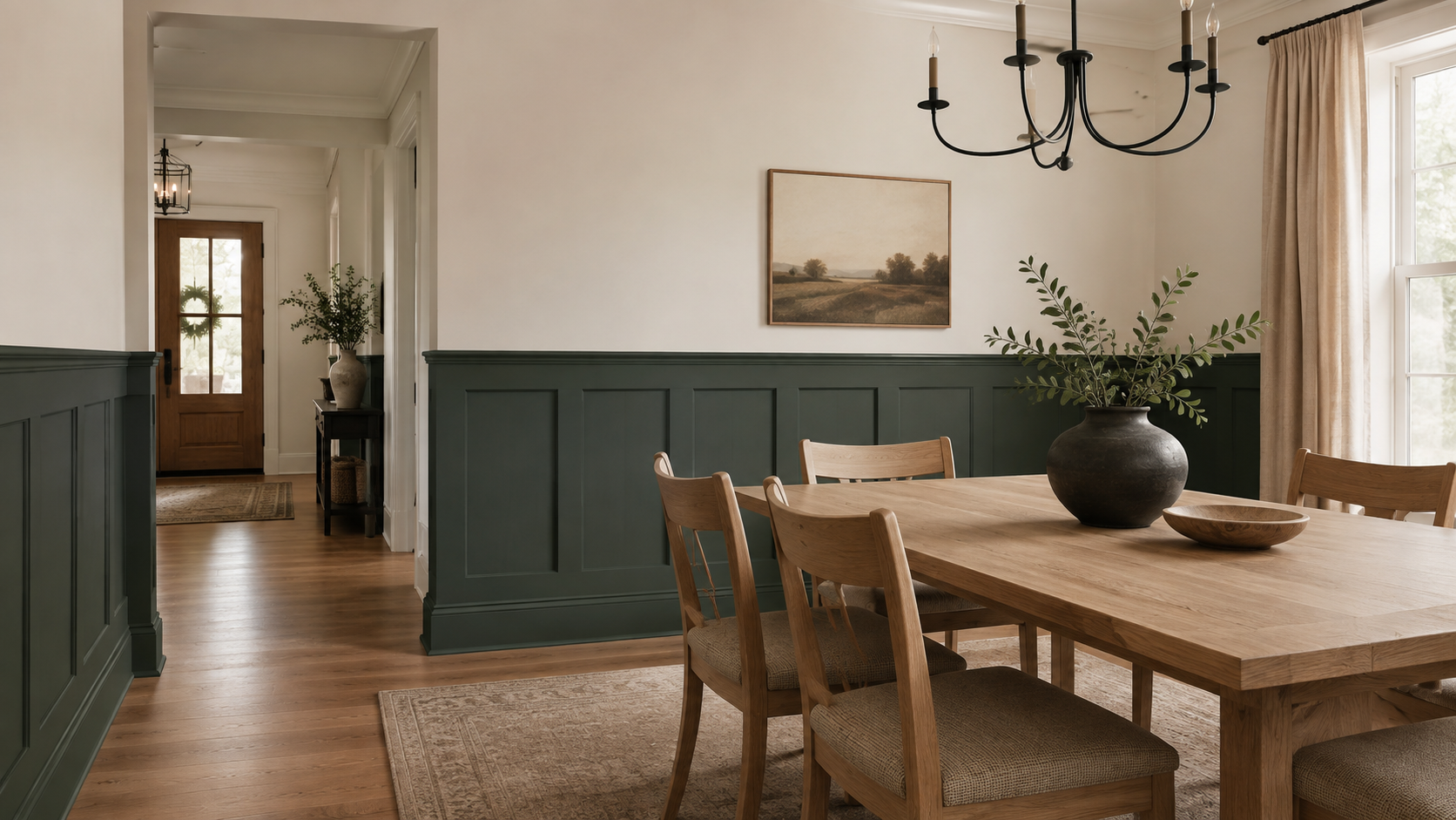 Dark green flat panel wainscoting running from a dining room into the hallway
