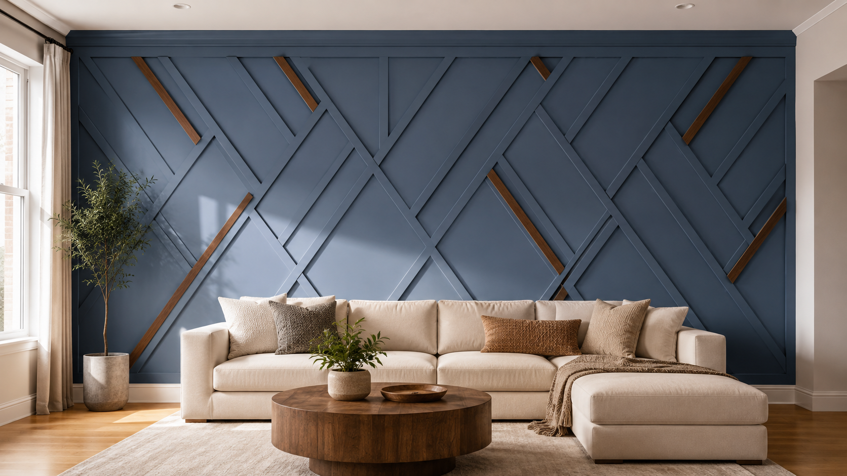 Indiana geometric walls: blue living room accent wall with diagonal trim and stained wood inlay strips by Radford Woodworks