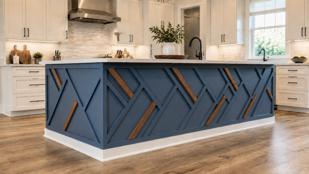 Indiana geometric walls: navy kitchen island with diagonal painted trim and stained white oak inlay by Radford Woodworks in Westfield