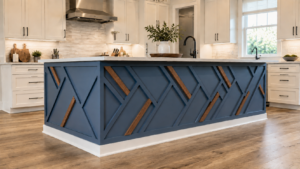 Indiana geometric walls: navy kitchen island with diagonal painted trim and stained white oak inlay by Radford Woodworks in Westfield
