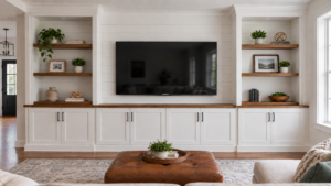 Custom Indiana TV walls built by Radford Woodworks with a shiplap entertainment center and built-in cabinets