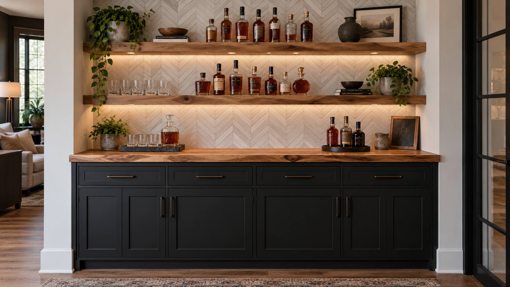 Dry bar with black cabinets, hickory countertop, hickory floating shelves, and chevron tile backsplash by Radford Woodworks