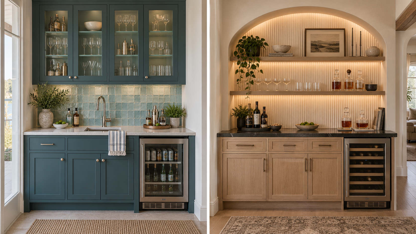 Wet bar vs dry bar comparison: a teal wet bar with sink, tile backsplash, and beverage fridge beside an arched dry bar with wood cabinets, floating shelves, and a wine fridge