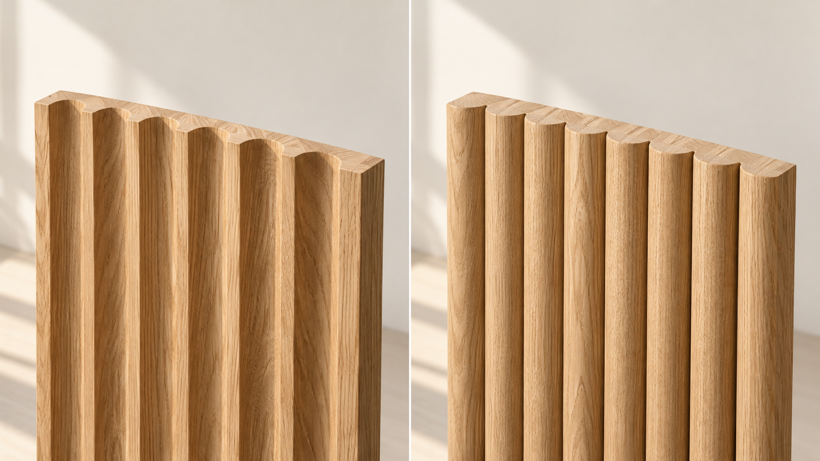 Fluted vs reeded panels side by side: concave grooves cut into light wood on the left, rounded raised ridges on the right - indiana fluted walls