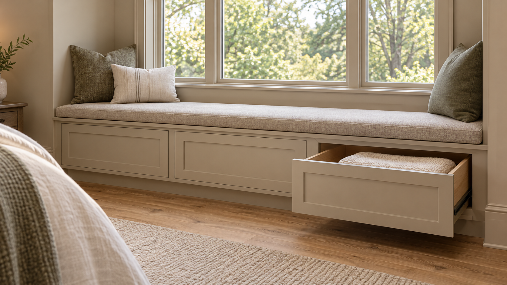 Design concept of Carmel bedroom built-ins: a painted window seat with shaker drawers, one open to show a folded blanket