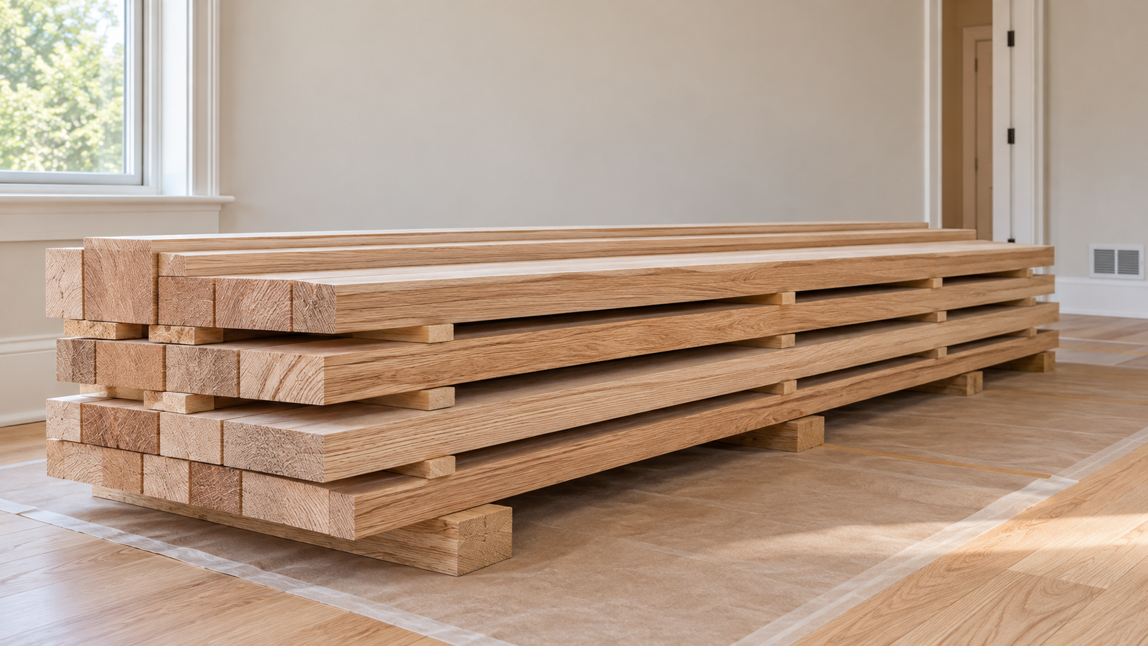 Indiana trim carpentry: oak boards stickered and stacked indoors to acclimate before install