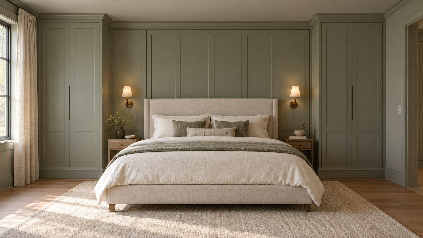 Design concept of Carmel bedroom built-ins: tall green cabinets flanking the bed with a paneled headboard wall and brass sconces