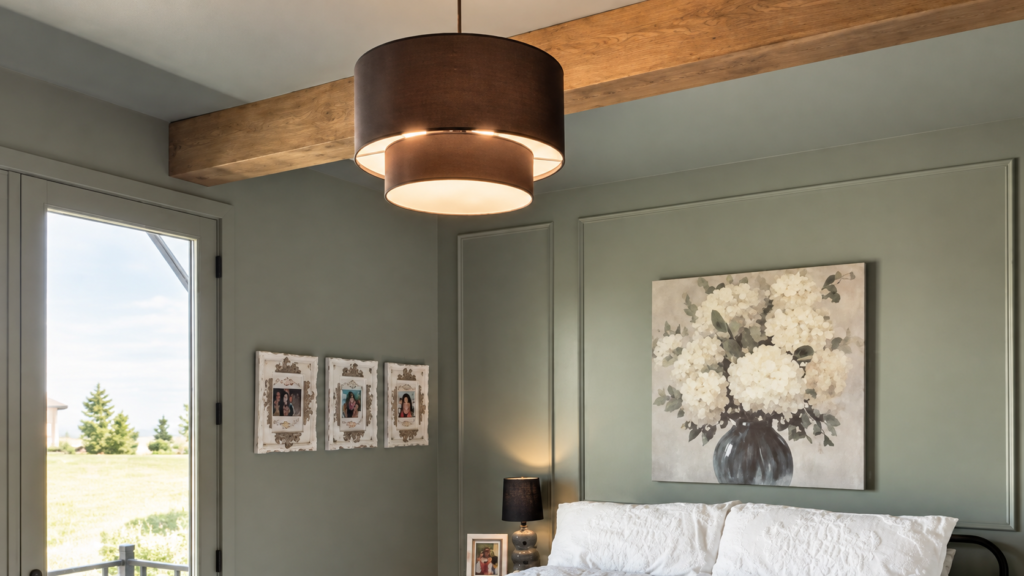 Monochromatic bedroom with green walls, matching picture frame molding, and a stained wood ceiling beam - Carmel bedroom built-ins