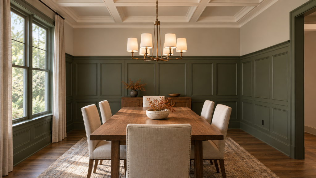 Dining room with olive green wainscoting two-thirds up the wall, a white coffered ceiling, and a brass chandelier