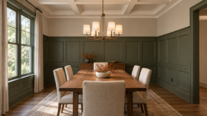 Dining room with olive green wainscoting two-thirds up the wall, a white coffered ceiling, and a brass chandelier