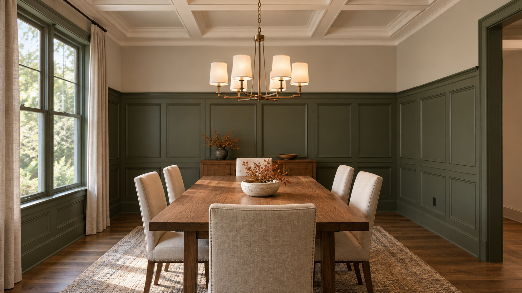 Dining room with olive green wainscoting two-thirds up the wall, a white coffered ceiling, and a brass chandelier