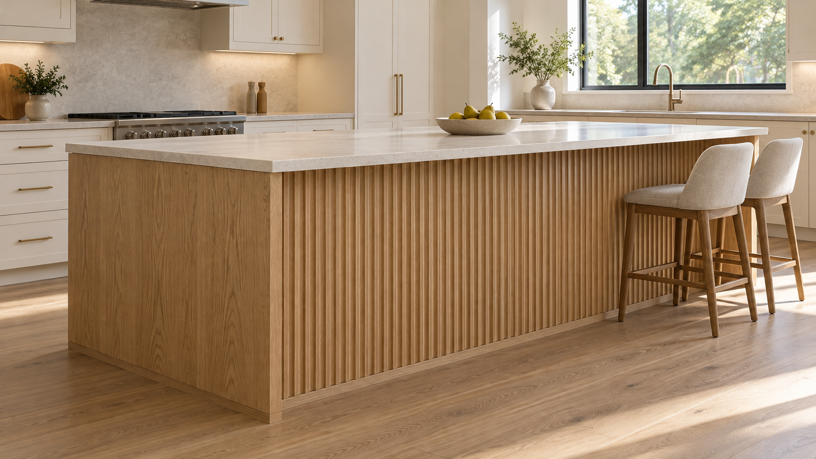 Fluted island wrap in light wood with a cream stone countertop and two upholstered stools, shown as a design rendering
