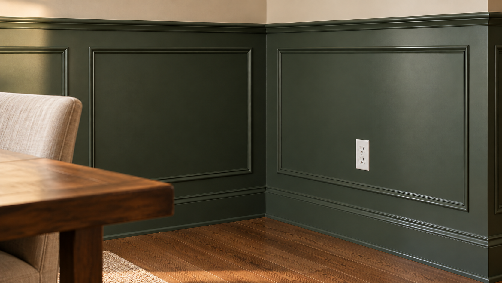 Close-up design concept of dark green picture frame wainscoting at an inside corner, with a white outlet inside a panel field and a tall baseboard