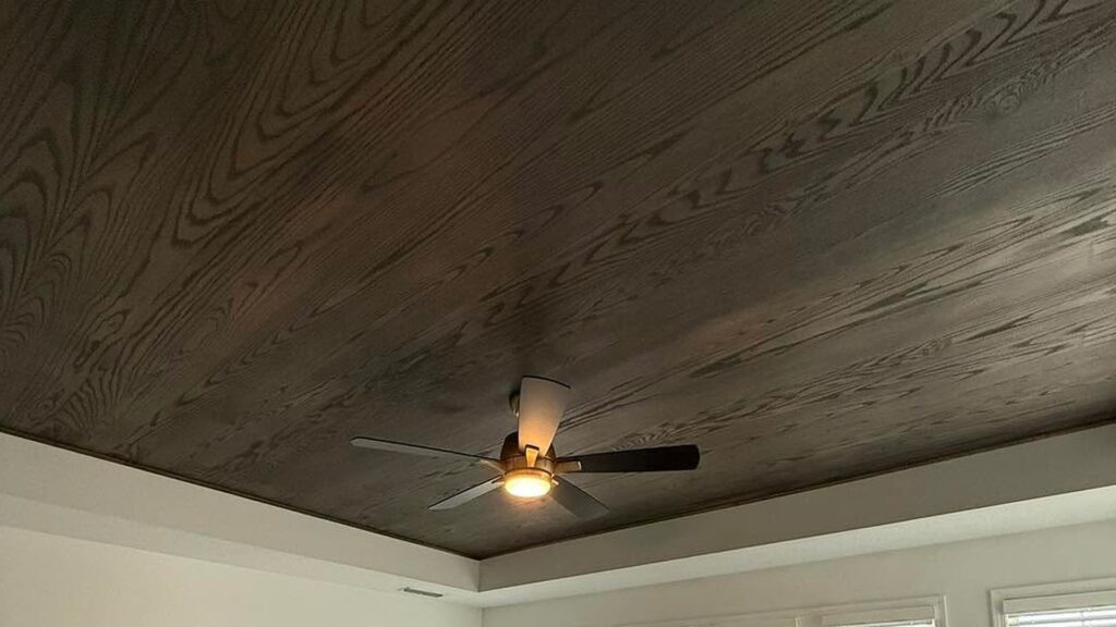 Indiana oak trim: dark-stained red oak tongue-and-groove ceiling set into a tray with white painted trim - indiana trim carpentry