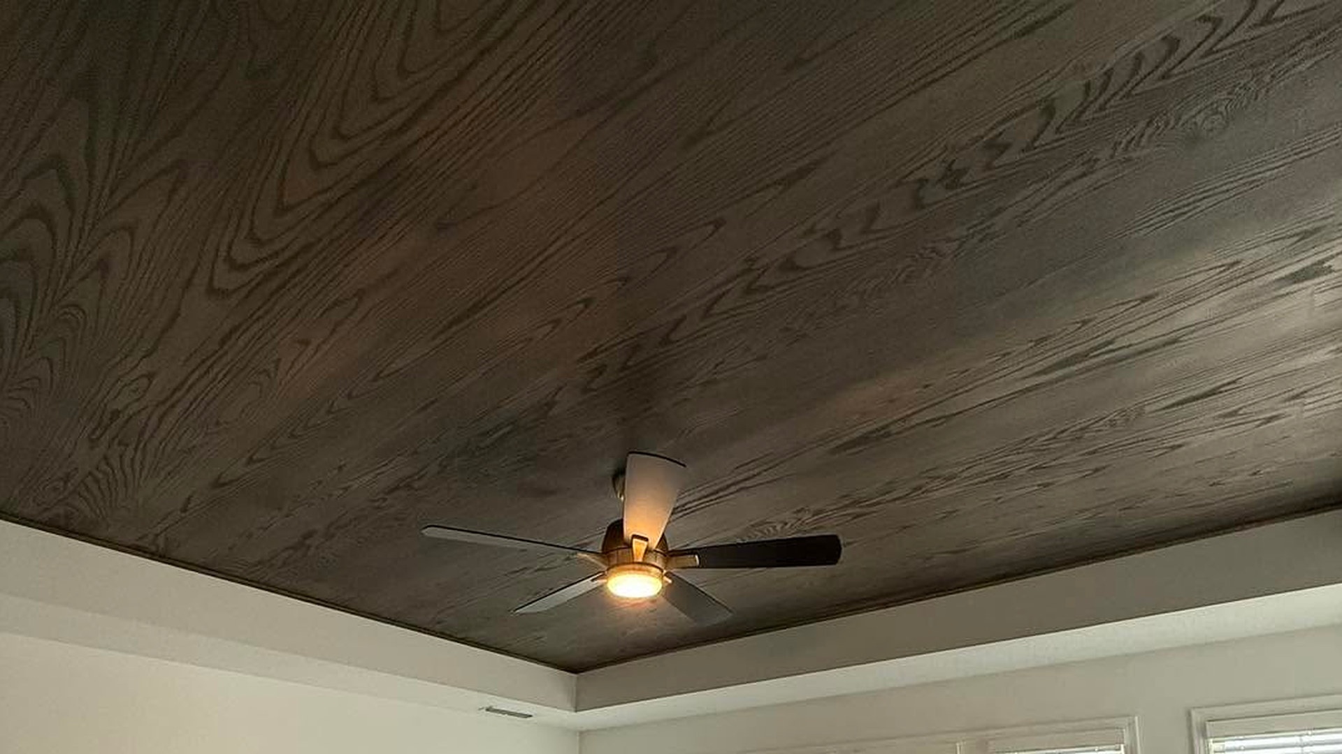 Indiana oak trim: dark-stained red oak tongue-and-groove ceiling set into a tray with white painted trim - indiana trim carpentry