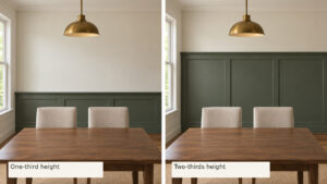 Side-by-side green dining room wainscoting at one-third height and two-thirds height behind upholstered chairs and a wood table