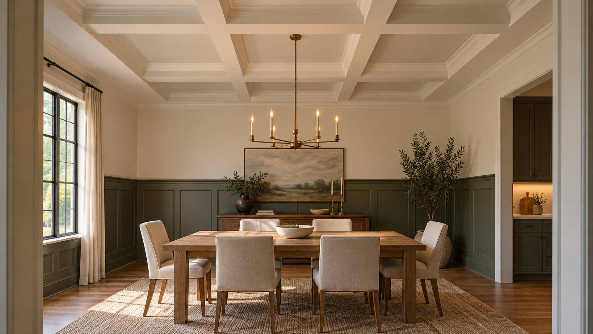 Dining room with a white coffered ceiling, a brass candle-style chandelier, and green panel wainscoting below cream walls